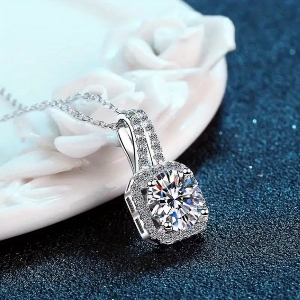 1 Ct Square Cut Natural Moissanite  Pendant 18K White Gold Plated/925 18" Chain